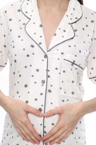Önden Düğmeli Hamile Lohusa MEVSİMLİK KISA KOL PİJAMA TAKIMI M - Ekru Yıldız