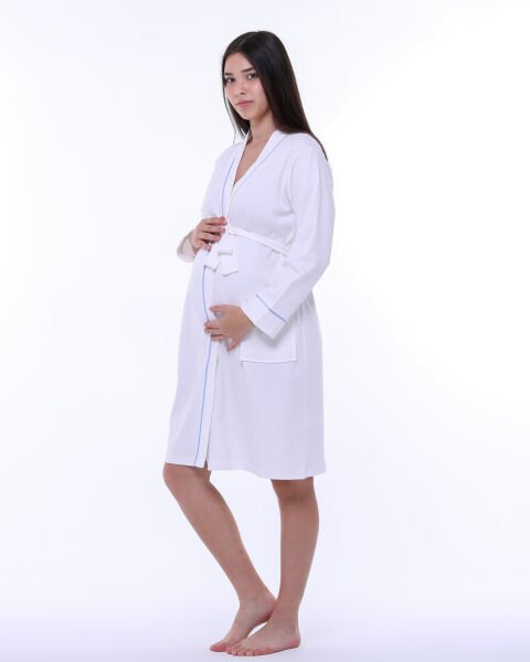 Likapa İnterlok Hamile Lohusa Uzun Kol Sabahlık 1356 L - EKRU - MAVİ BİYELİ