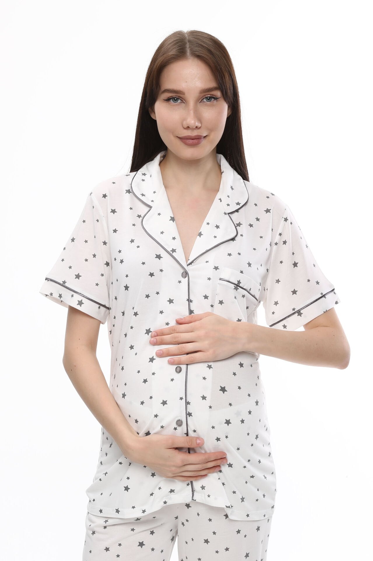 Önden Düğmeli Hamile Lohusa MEVSİMLİK KISA KOL PİJAMA TAKIMI 2XL - Ekru Yıldız