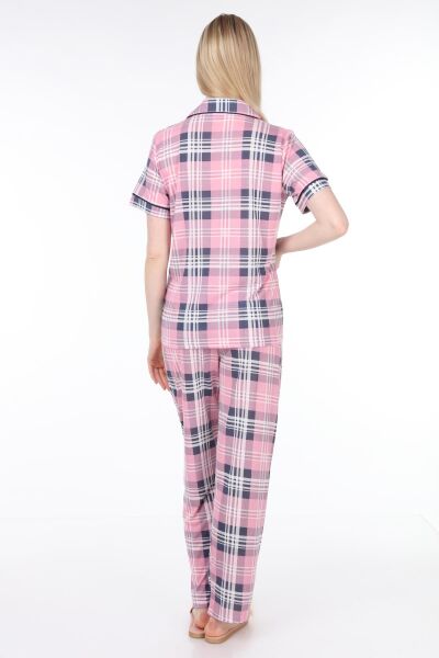 Likapa Penye Önden Düğmeli Hamile Lohusa KISA KOL PİJAMA TAKIMI ,%100 Cotton Ekose Desen - L
