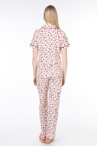 Likapa Penye Önden Düğmeli Hamile Lohusa KISA KOL PİJAMA TAKIMI ,%100 Cotton Somon Yıldız Desen - M