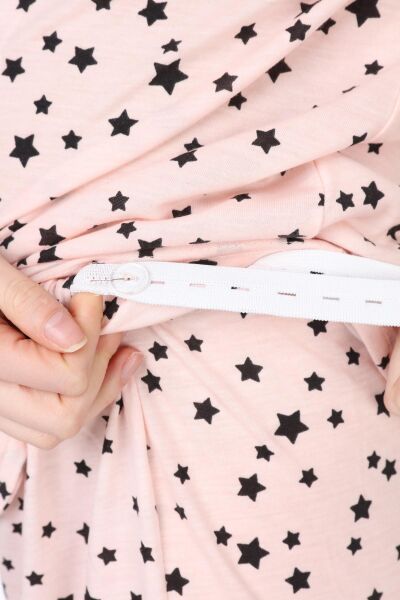 Likapa Penye Önden Düğmeli Hamile Lohusa KISA KOL PİJAMA TAKIMI ,%100 Cotton Somon Yıldız Desen - L
