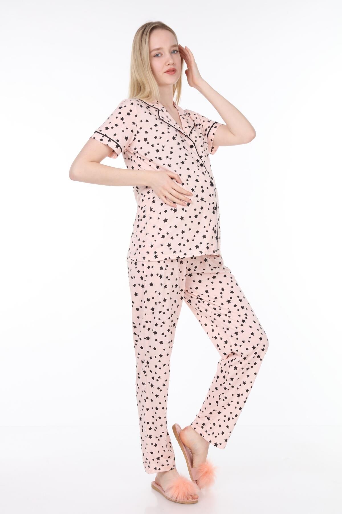 Likapa Penye Önden Düğmeli Hamile Lohusa KISA KOL PİJAMA TAKIMI ,%100 Cotton Somon Yıldız Desen - XL
