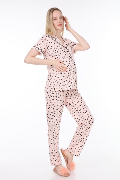 Likapa Penye Önden Düğmeli Hamile Lohusa KISA KOL PİJAMA TAKIMI ,%100 Cotton Somon Yıldız Desen - XL