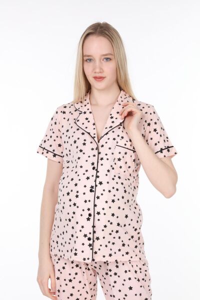 Likapa Penye Önden Düğmeli Hamile Lohusa KISA KOL PİJAMA TAKIMI ,%100 Cotton Somon Yıldız Desen - 2XL