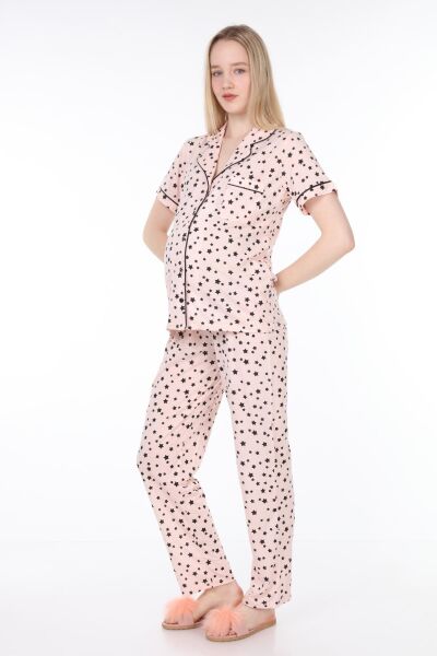 Likapa Penye Önden Düğmeli Hamile Lohusa KISA KOL PİJAMA TAKIMI ,%100 Cotton Somon Yıldız Desen - 2XL