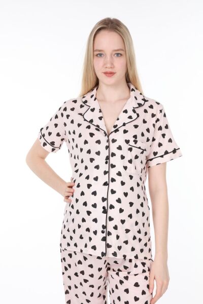 Likapa Penye Önden Düğmeli Hamile Lohusa KISA KOL PİJAMA TAKIMI ,%100 Cotton Somon Büyük Kalpli - L