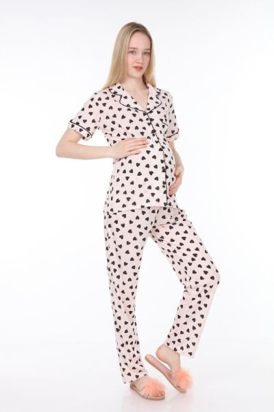 Likapa Penye Önden Düğmeli Hamile Lohusa KISA KOL PİJAMA TAKIMI ,%100 Cotton Somon Büyük Kalpli - 2XL