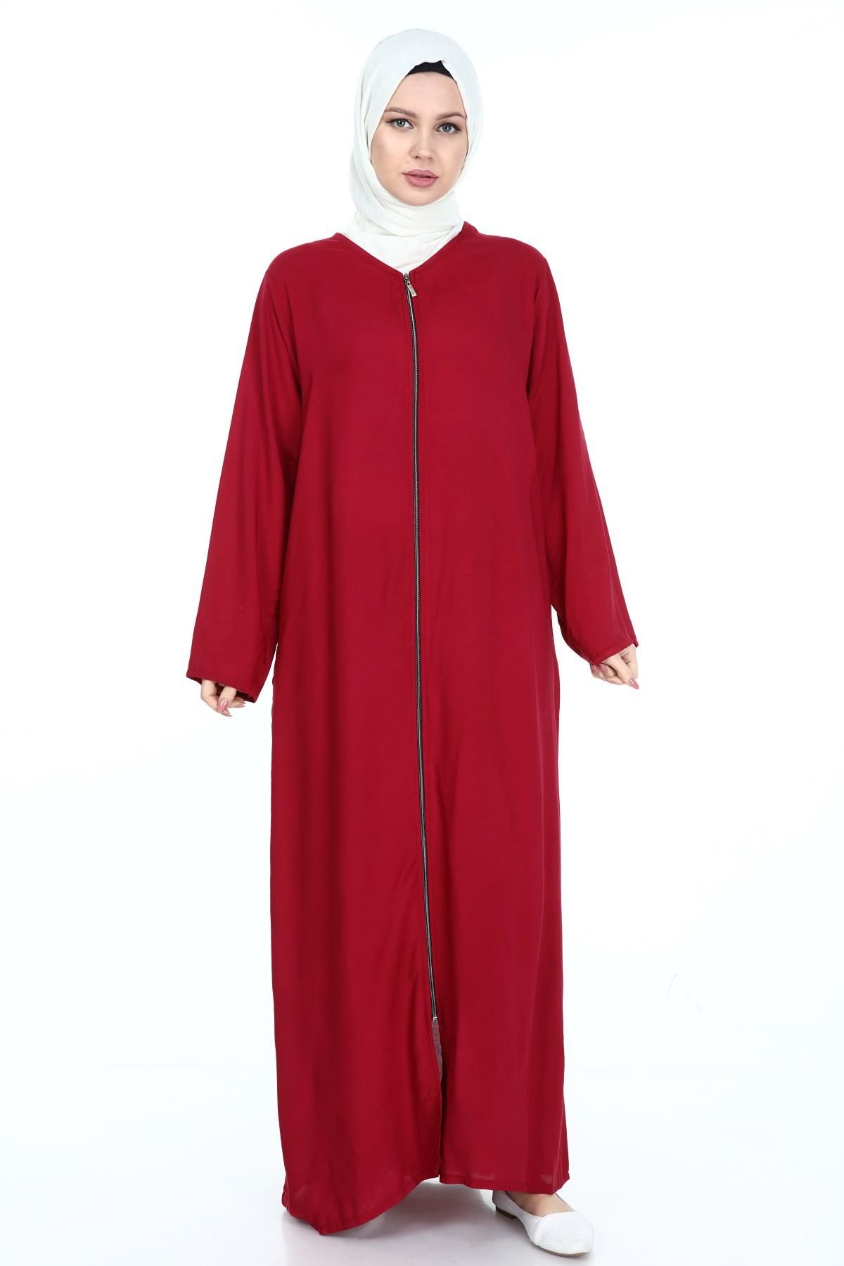 Fermuarlı Viskon Namaz Elbisesi Bordo - 2