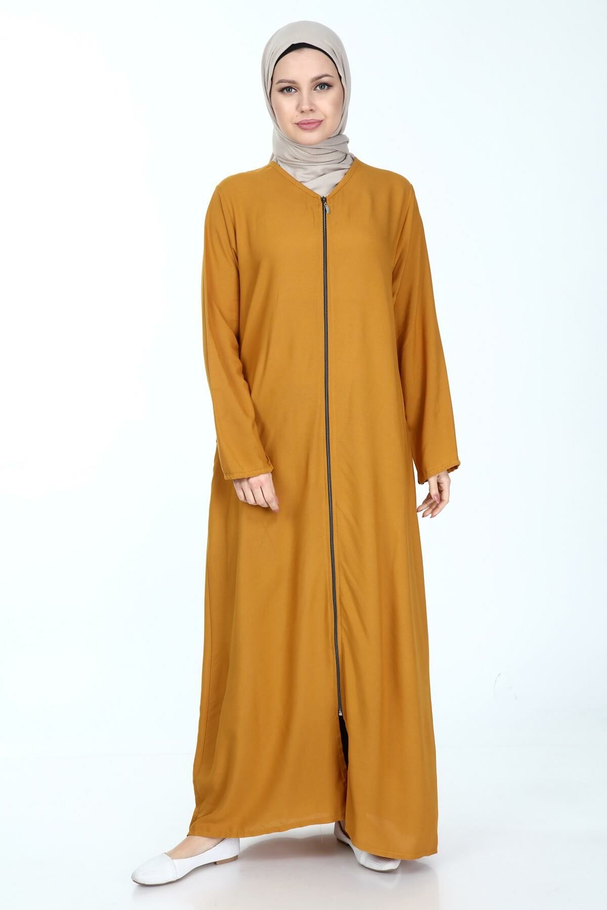 Fermuarlı Viskon Namaz Elbisesi Hardal - 3