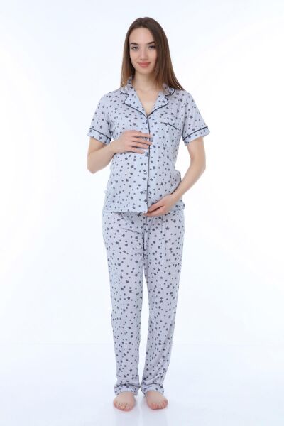 Likapa Penye Önden Düğmeli Hamile Lohusa KISA KOL PİJAMA TAKIMI ,%100 Cotton MAVİ YILDIZ - 2XL