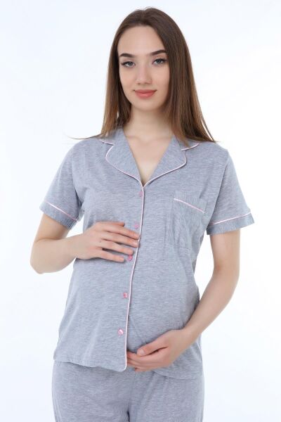 Likapa Penye Önden Düğmeli Hamile Lohusa KISA KOL PİJAMA TAKIMI ,%100 Cotton GRİ - S