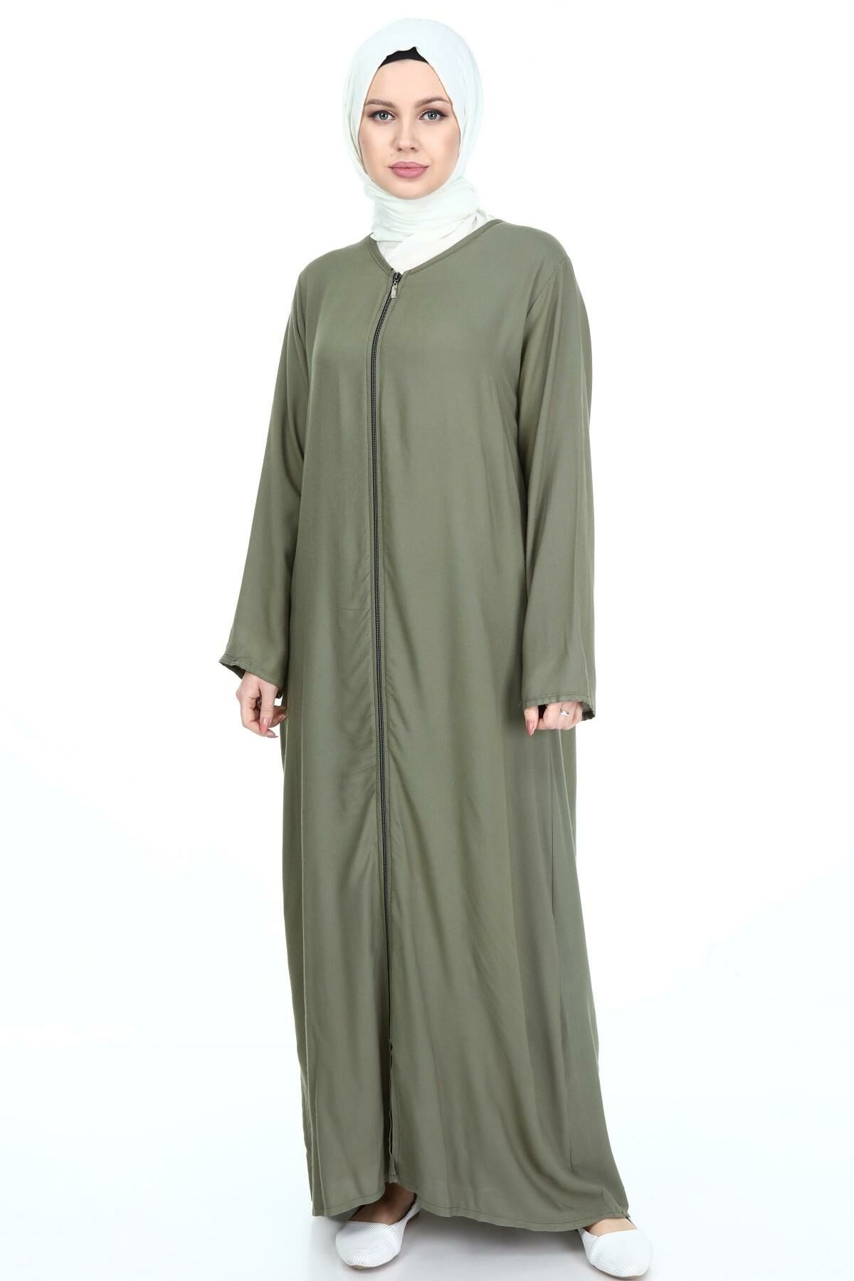 Fermuarlı Viskon Namaz Elbisesi HAKİ - 3