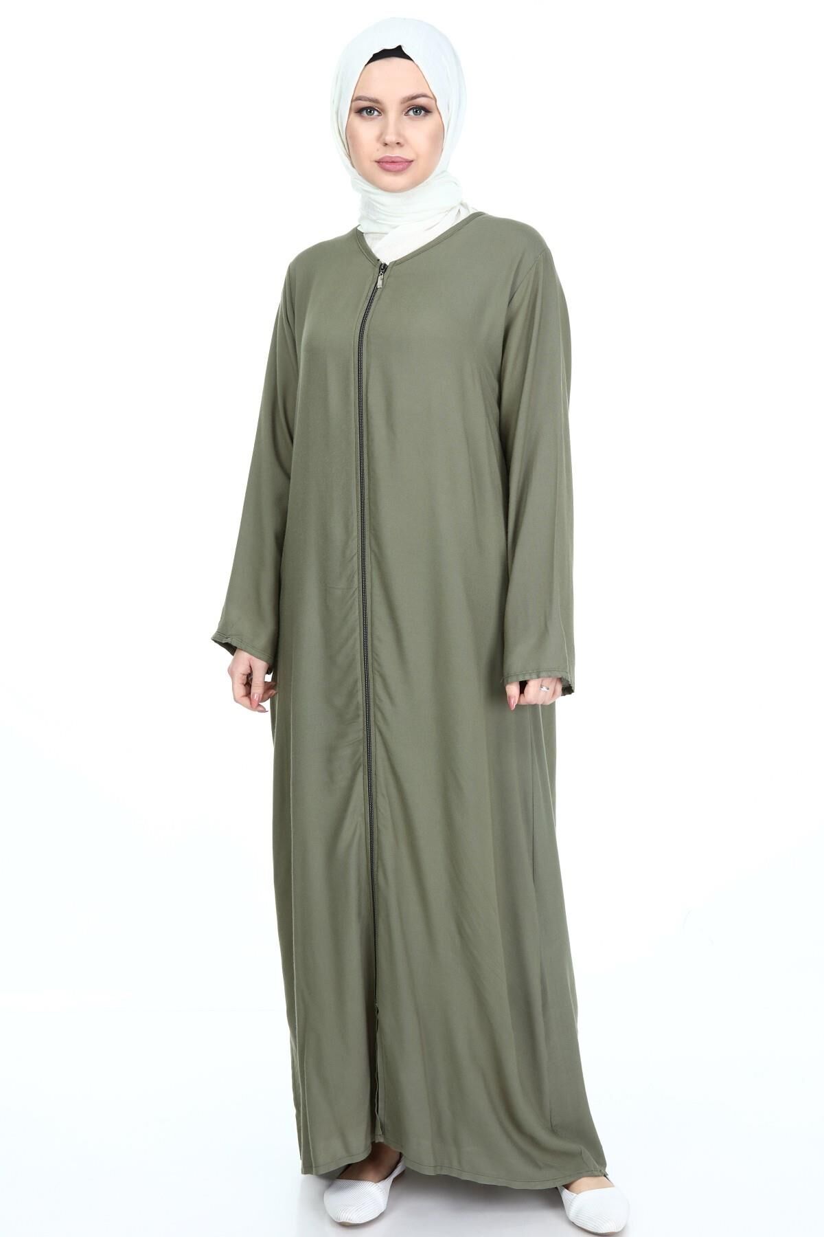 Tek Cepli Fermuarlı Viskon Namaz Elbisesi HAKİ - 4