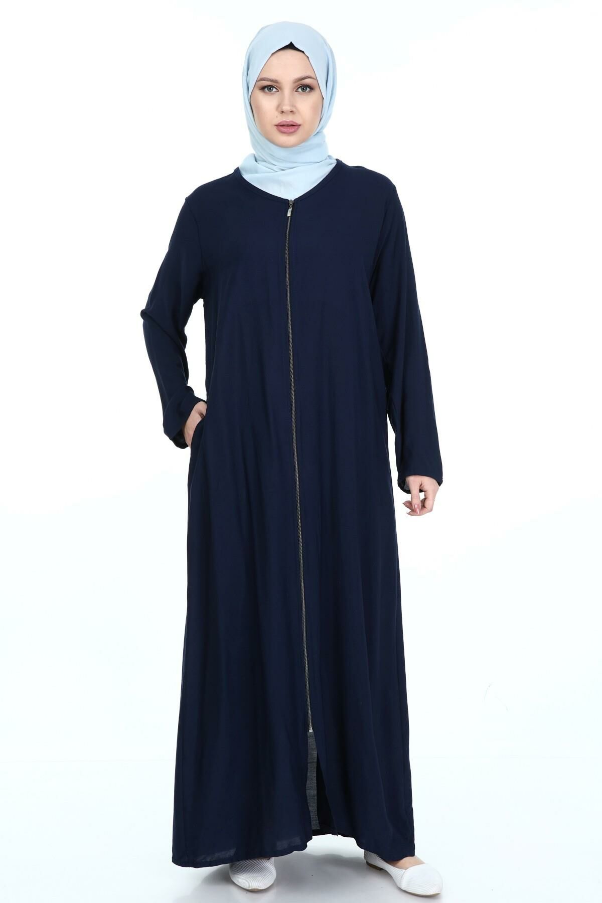Fermuarlı Viskon Namaz Elbisesi LACİVERT - 2