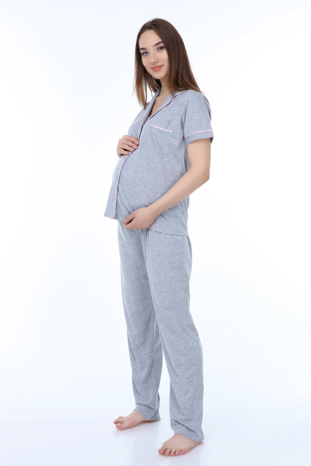 Likapa Penye Önden Düğmeli Hamile Lohusa KISA KOL PİJAMA TAKIMI ,%100 Cotton GRİ - 2XL