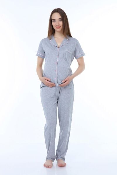Likapa Penye Önden Düğmeli Hamile Lohusa KISA KOL PİJAMA TAKIMI ,%100 Cotton GRİ - 2XL