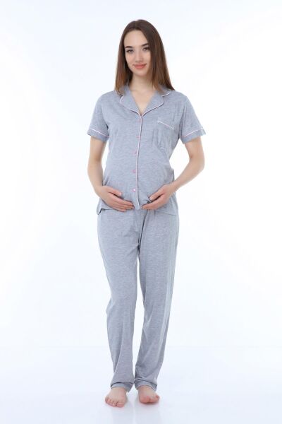 Likapa Penye Önden Düğmeli Hamile Lohusa KISA KOL PİJAMA TAKIMI ,%100 Cotton GRİ - 3XL