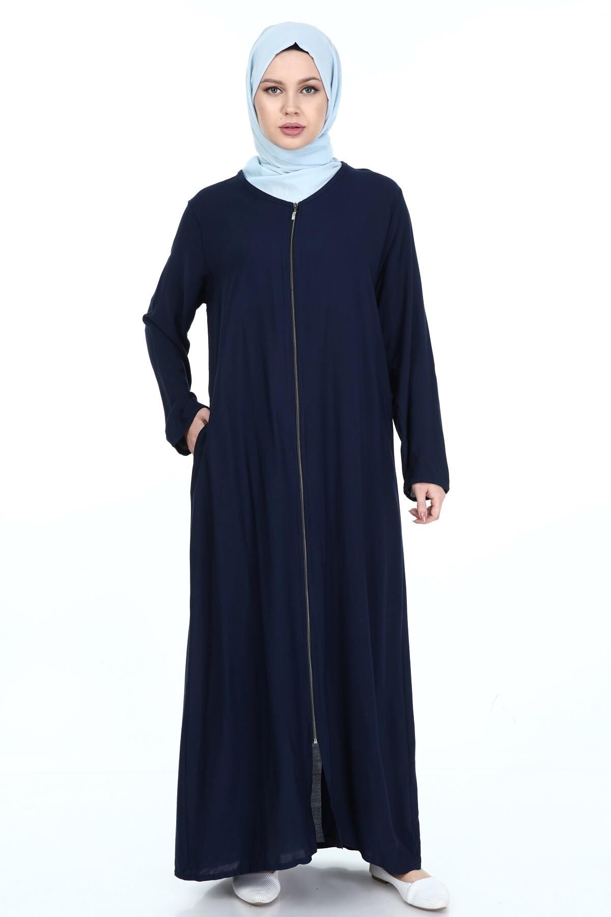 Tek Cepli Fermuarlı Viskon Namaz Elbisesi LACİVERT - 4