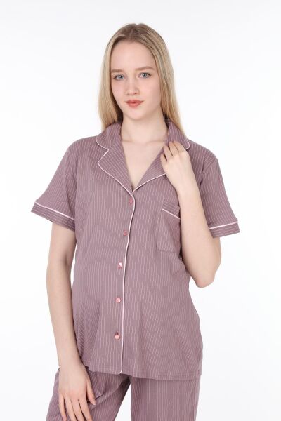 Likapa Penye Önden Düğmeli Hamile Lohusa KISA KOL PİJAMA TAKIMI ,%100 Cotton Kahve Pembe Çizgili - 3XL