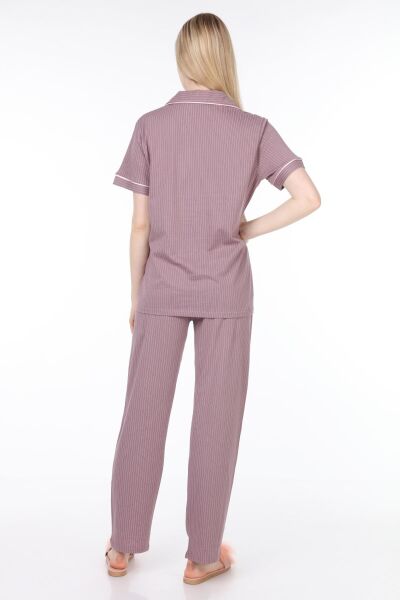 Likapa Penye Önden Düğmeli Hamile Lohusa KISA KOL PİJAMA TAKIMI ,%100 Cotton Kahve Pembe Çizgili - 3XL