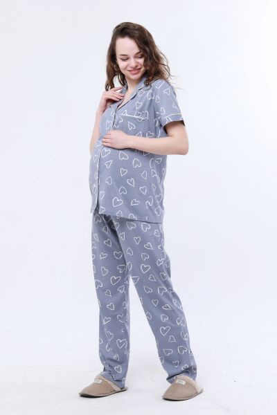 Likapa Penye Önden Düğmeli Hamile Lohusa KISA KOL PİJAMA TAKIMI ,%100 Cotton Gri Kalpli  - M