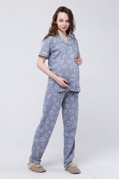 Likapa Penye Önden Düğmeli Hamile Lohusa KISA KOL PİJAMA TAKIMI ,%100 Cotton Gri Kalpli  - M