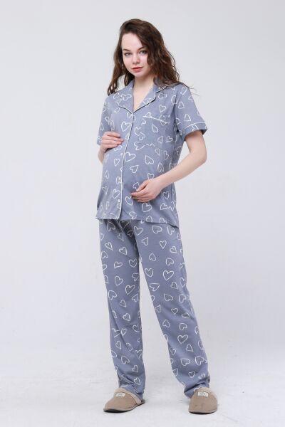 Likapa Penye Önden Düğmeli Hamile Lohusa KISA KOL PİJAMA TAKIMI ,%100 Cotton Gri Kalpli  - L
