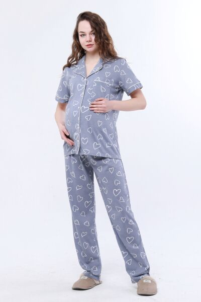 Likapa Penye Önden Düğmeli Hamile Lohusa KISA KOL PİJAMA TAKIMI ,%100 Cotton Gri Kalpli  - L