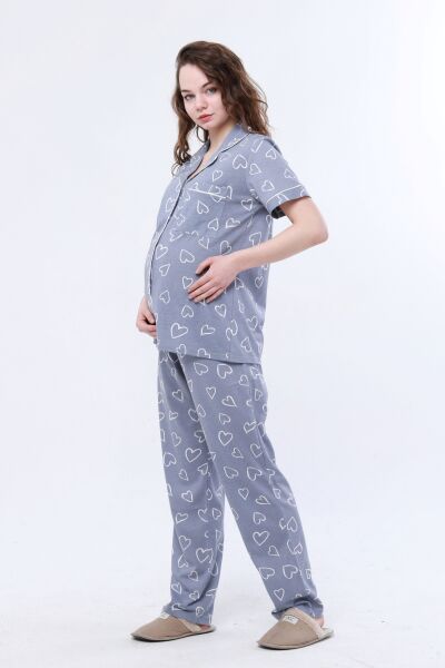 Likapa Penye Önden Düğmeli Hamile Lohusa KISA KOL PİJAMA TAKIMI ,%100 Cotton Gri Kalpli  - L