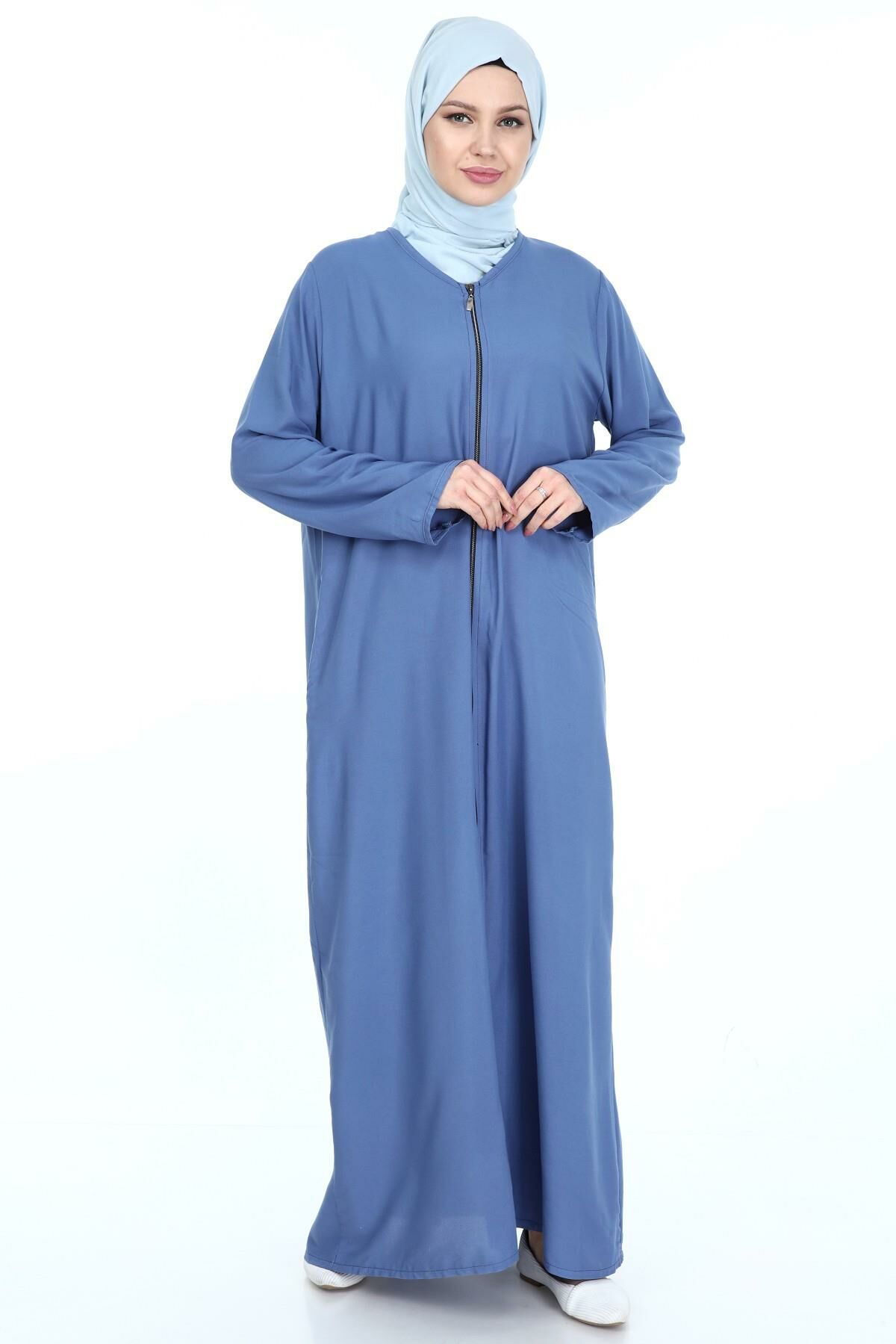 Fermuarlı Viskon Namaz Elbisesi Mavi - 4