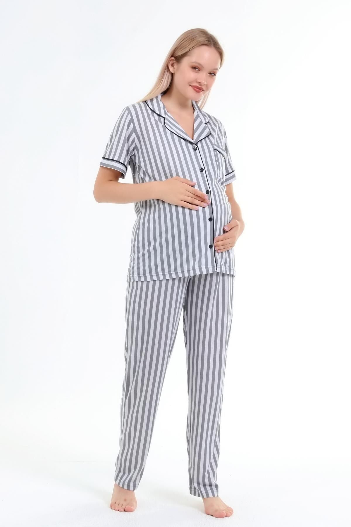 Likapa Penye Önden Düğmeli Hamile Lohusa KISA KOL PİJAMA TAKIMI ,%100 Cotton M - Füme Çizgili