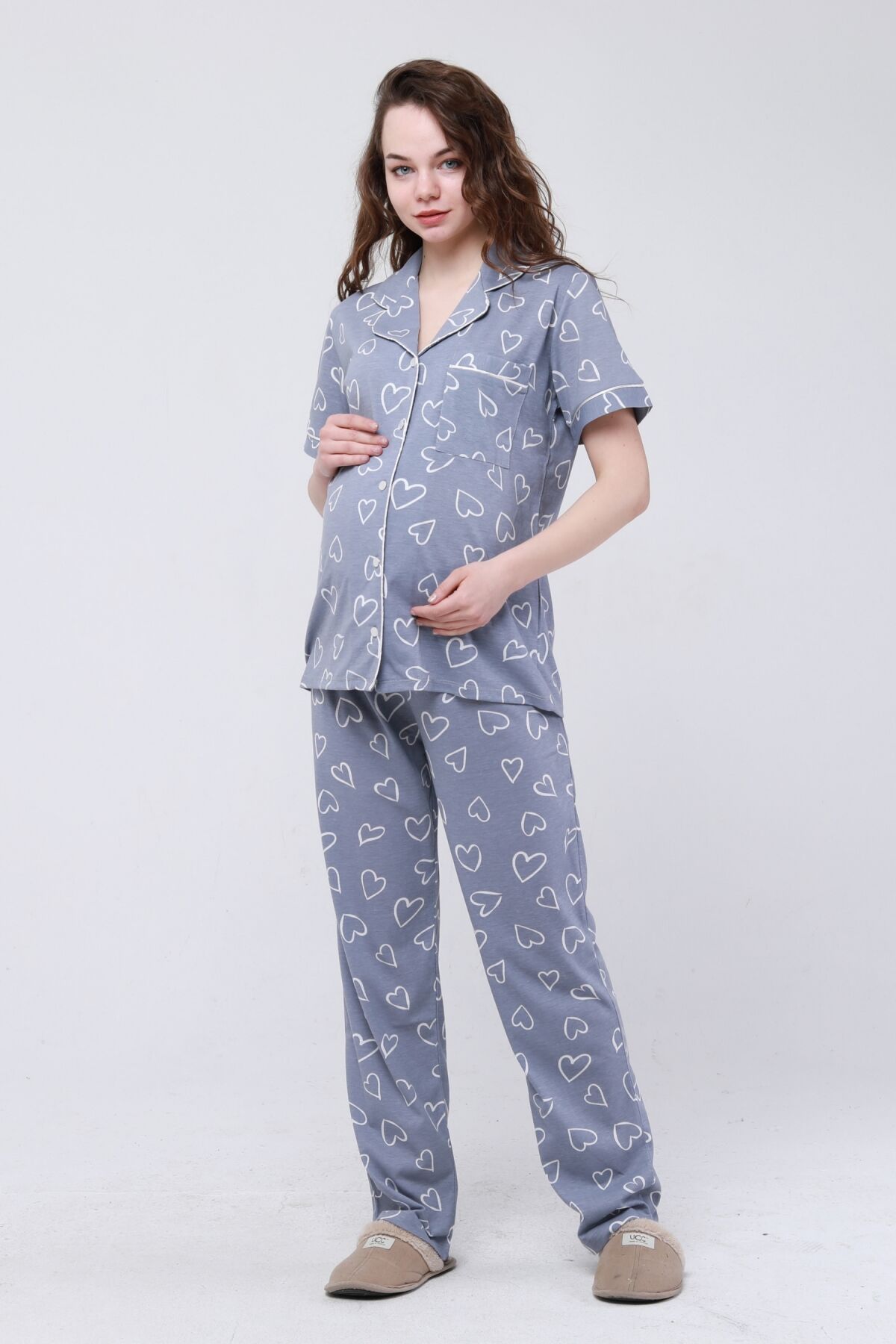 Likapa Penye Önden Düğmeli Hamile Lohusa KISA KOL PİJAMA TAKIMI ,%100 Cotton Gri Kalpli  - XL