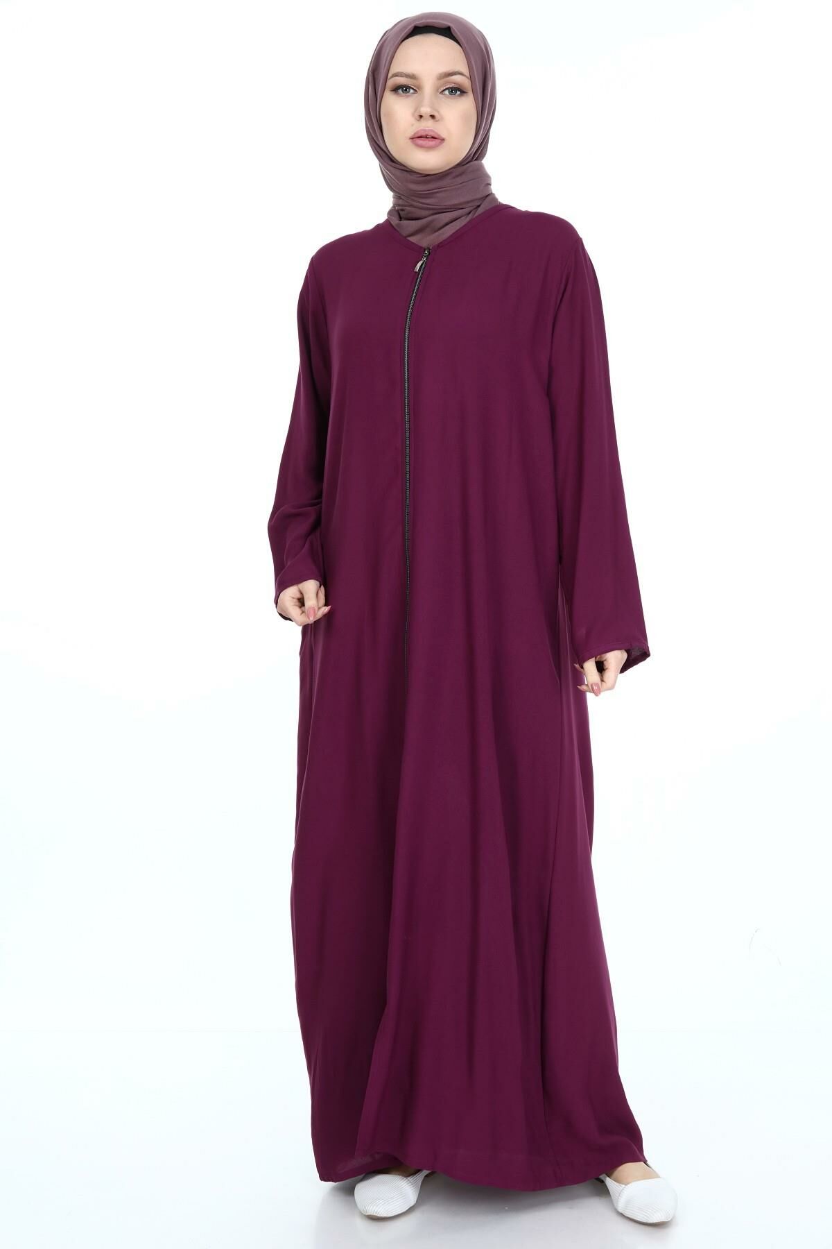 Fermuarlı Viskon Namaz Elbisesi Mor - 2