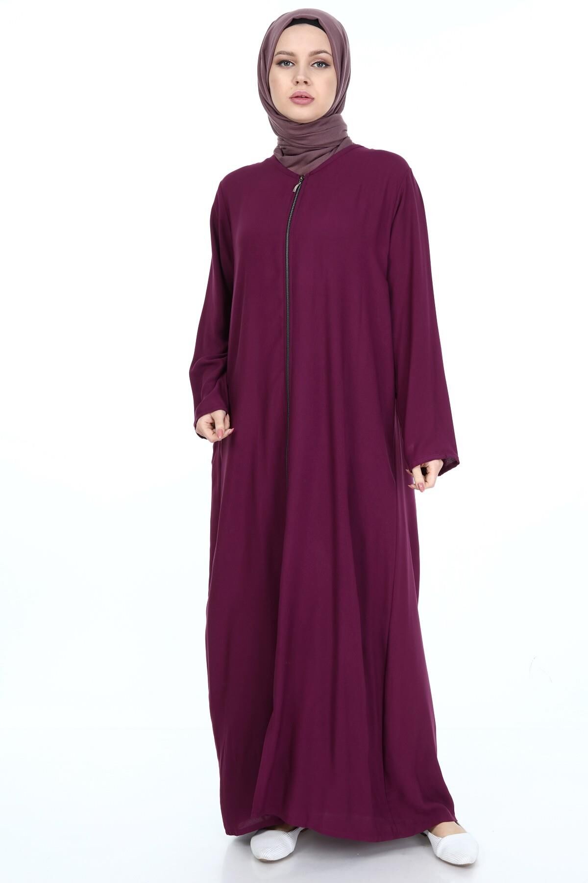 Fermuarlı Viskon Namaz Elbisesi Mor - 3