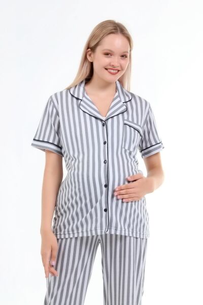 Likapa Penye Önden Düğmeli Hamile Lohusa KISA KOL PİJAMA TAKIMI ,%100 Cotton XL - Füme Çizgili