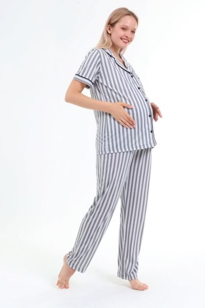 Likapa Penye Önden Düğmeli Hamile Lohusa KISA KOL PİJAMA TAKIMI ,%100 Cotton XL - Füme Çizgili