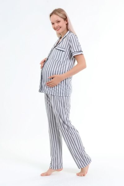 Likapa Penye Önden Düğmeli Hamile Lohusa KISA KOL PİJAMA TAKIMI ,%100 Cotton XL - Füme Çizgili