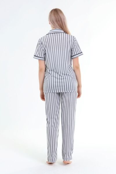 Likapa Penye Önden Düğmeli Hamile Lohusa KISA KOL PİJAMA TAKIMI ,%100 Cotton 2XL - Füme Çizgili