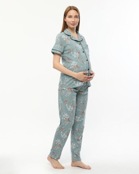 Likapa Penye Önden Düğmeli Hamile Lohusa KISA KOL PİJAMA TAKIMI ,%100 Cotton Koyu Mint Çiçek - M