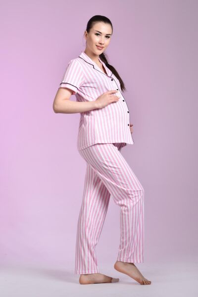 Likapa Penye Önden Düğmeli Hamile Lohusa KISA KOL PİJAMA TAKIMI ,%100 Cotton XL - Somon Çizgili