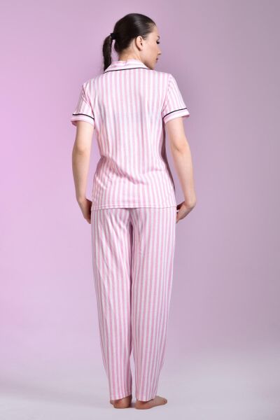 Likapa Penye Önden Düğmeli Hamile Lohusa KISA KOL PİJAMA TAKIMI ,%100 Cotton Pembe Lacivert Çizgili - XL