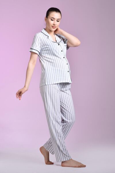 Likapa Penye Önden Düğmeli Hamile Lohusa KISA KOL PİJAMA TAKIMI ,%100 Cotton 3XL - Somon Çizgili