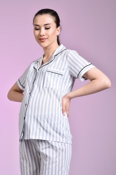 Likapa Penye Önden Düğmeli Hamile Lohusa KISA KOL PİJAMA TAKIMI ,%100 Cotton Koyu Mint Çiçek - 2XL