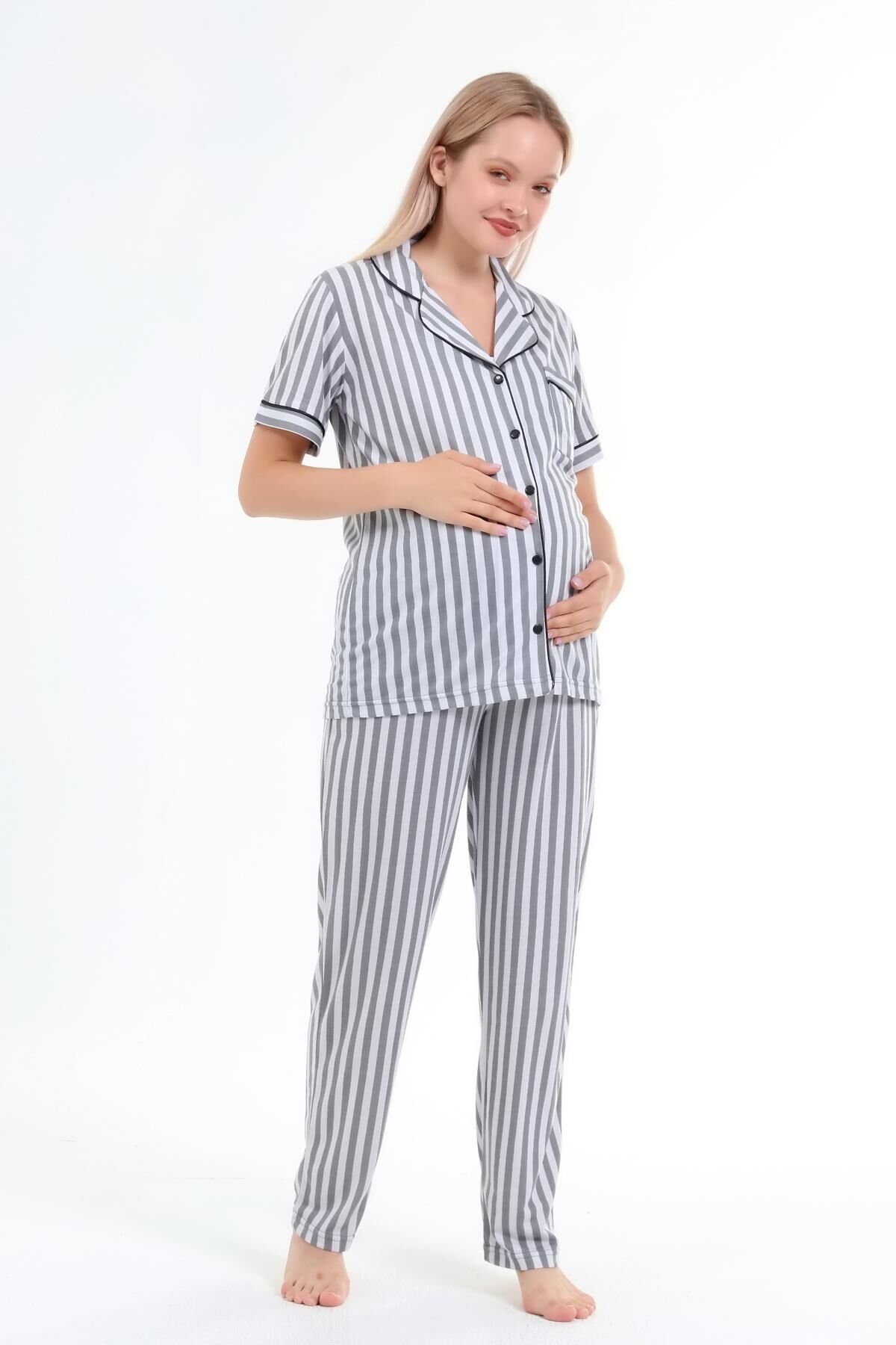 Likapa Penye Önden Düğmeli Hamile Lohusa KISA KOL PİJAMA TAKIMI ,%100 Cotton 3XL - Füme Çizgili