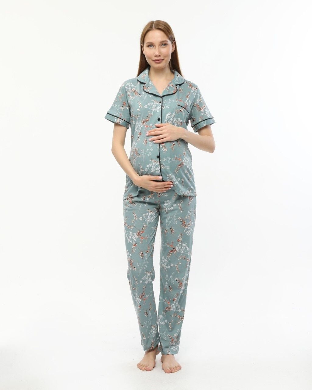 Likapa Penye Önden Düğmeli Hamile Lohusa KISA KOL PİJAMA TAKIMI ,%100 Cotton Koyu Mint Çiçek - L