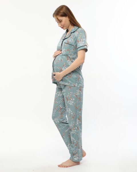 Likapa Penye Önden Düğmeli Hamile Lohusa KISA KOL PİJAMA TAKIMI ,%100 Cotton Koyu Mint Çiçek - XL