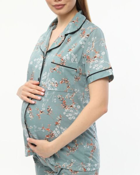 Likapa Penye Önden Düğmeli Hamile Lohusa KISA KOL PİJAMA TAKIMI ,%100 Cotton Koyu Mint Çiçek - XL