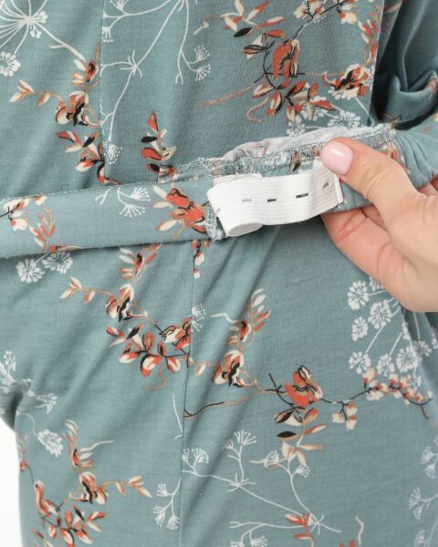 Likapa Penye Önden Düğmeli Hamile Lohusa KISA KOL PİJAMA TAKIMI ,%100 Cotton Koyu Mint Çiçek - XL
