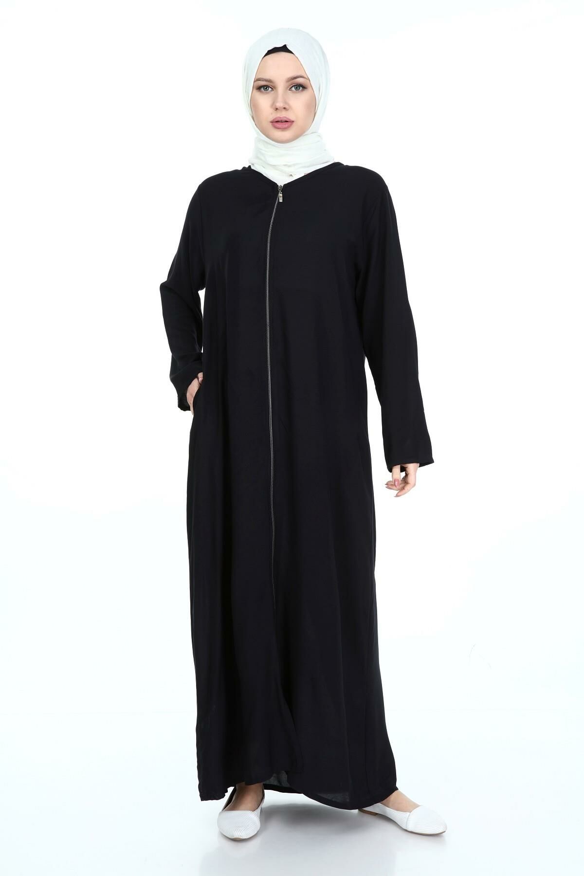 Fermuarlı Viskon Namaz Elbisesi SİYAH - 4